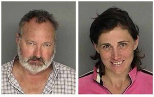 FILE - In these Sept. 18, 2010 file images originally provided by the Santa Barbara County Sheriff's Office, actor Randy Quaid and his wife Evi Quaid, are shown after their Saturday Sept. 18, 2010 arrest on charges of felony residential burglary and entering a non-commercial building without consent. A prosecutor says Randy Quaid and his wife have failed to show up at a court hearing stemming from their arrests last month on suspicion of illegally squatting at a home. Santa Barbara Senior Deputy District Attorney Lee Carter says a judge issued $50,000 warrants for the couple after they failed to appear for an arraignment on felony vandalism charges. Carter says the couple's case will be called again on Oct. 26. (AP Photo/Santa Barbara County Sheriff)